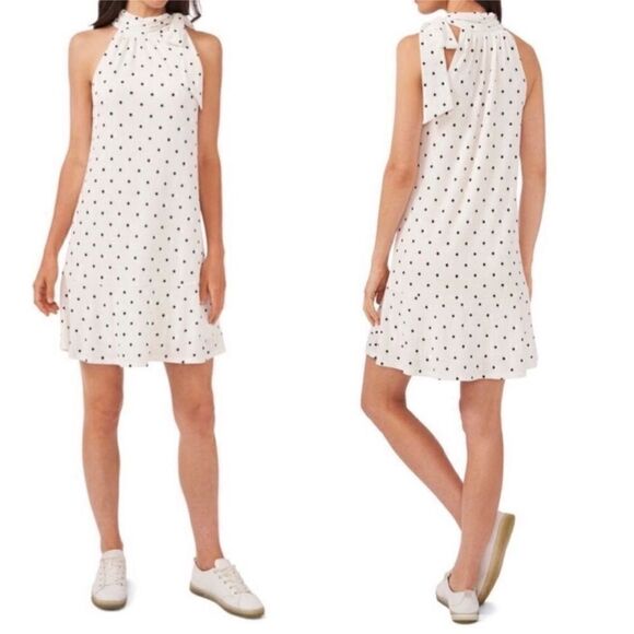 CeCe Dresses & Skirts - CeCe Polka Dot High Neck Knit A-Line Dress in Soft Ecru Size M